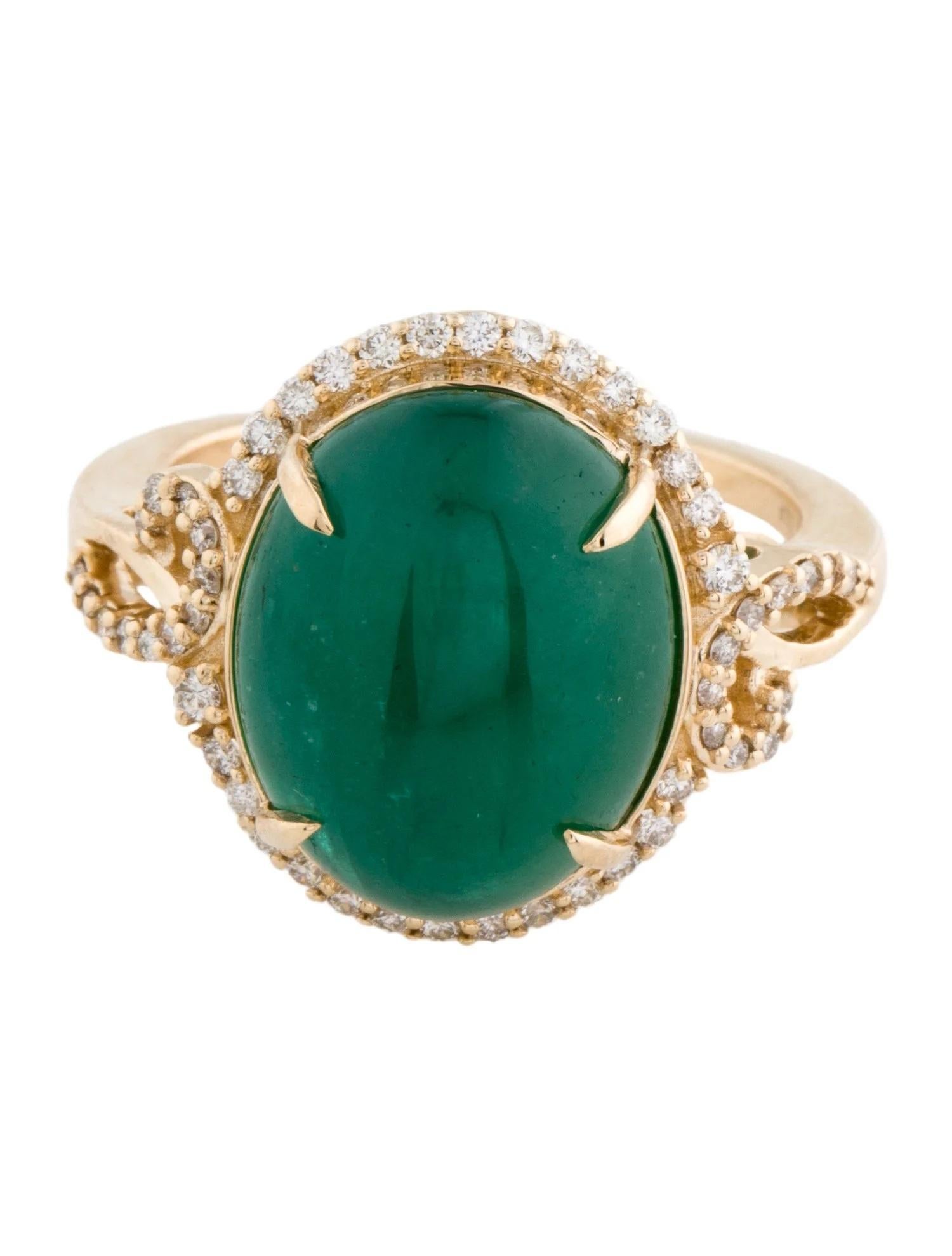 Artist 14K Yellow Gold 9.81ct Oval Cabochon Emerald and Diamond Cocktail Ring, Size 7 For Sale