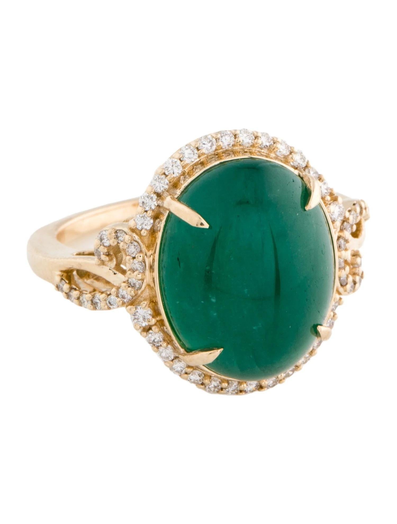 Anello da cocktail in oro giallo 14K con smeraldo ovale cabochon e diamante da 9,81 carati, misura 7