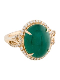 14K Yellow Gold 9.81ct Oval Cabochon Emerald and Diamond Cocktail Ring, Size 7