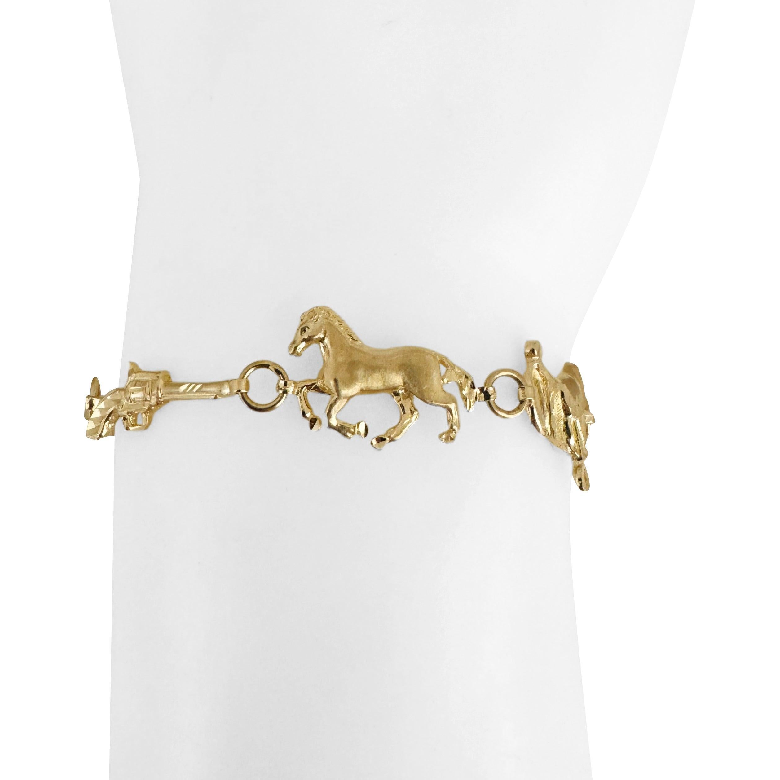 14k Yellow Gold 9.9g Diamond Cut Country Western Cowboy Charm Link Bracelet 7