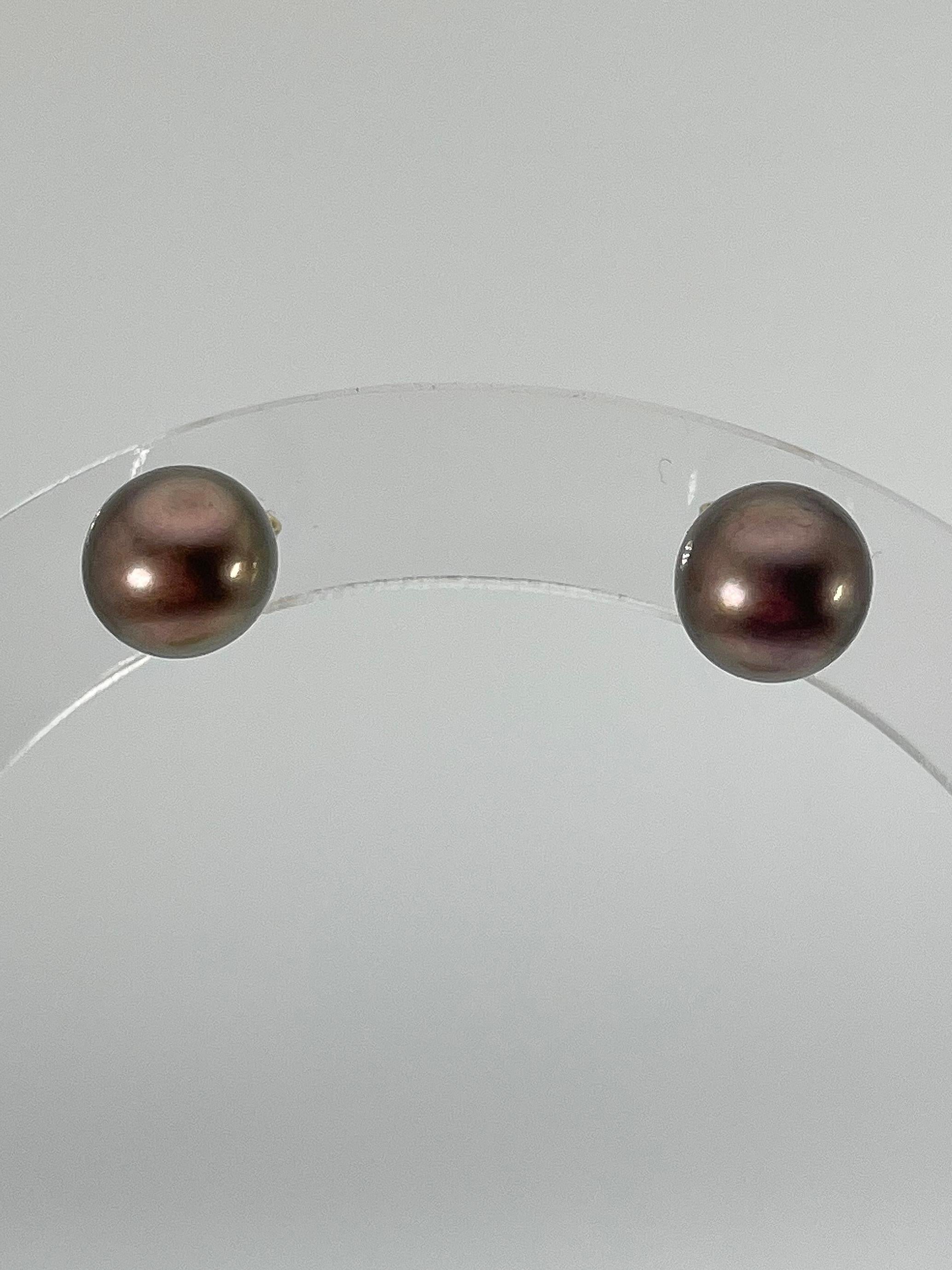 14k yellow gold 9mm copper Tahitian pearl stud earrings. These earrings have a total weight of 2.8.