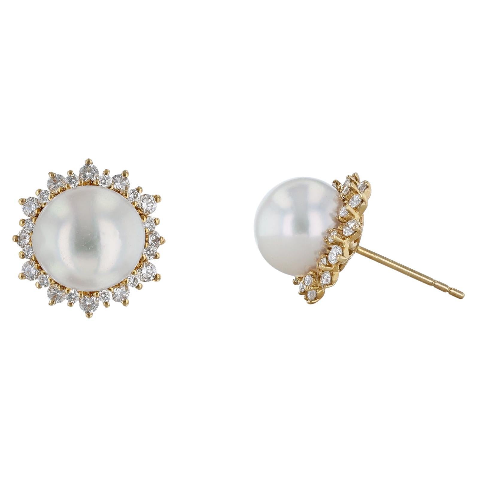 14K Yellow Gold 9mm Cultured Pearl Diamond Halo Stud Earrings For Sale