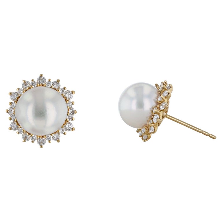 14K Yellow Gold 9mm Cultured Pearl Diamond Halo Stud Earrings For Sale at  1stDibs