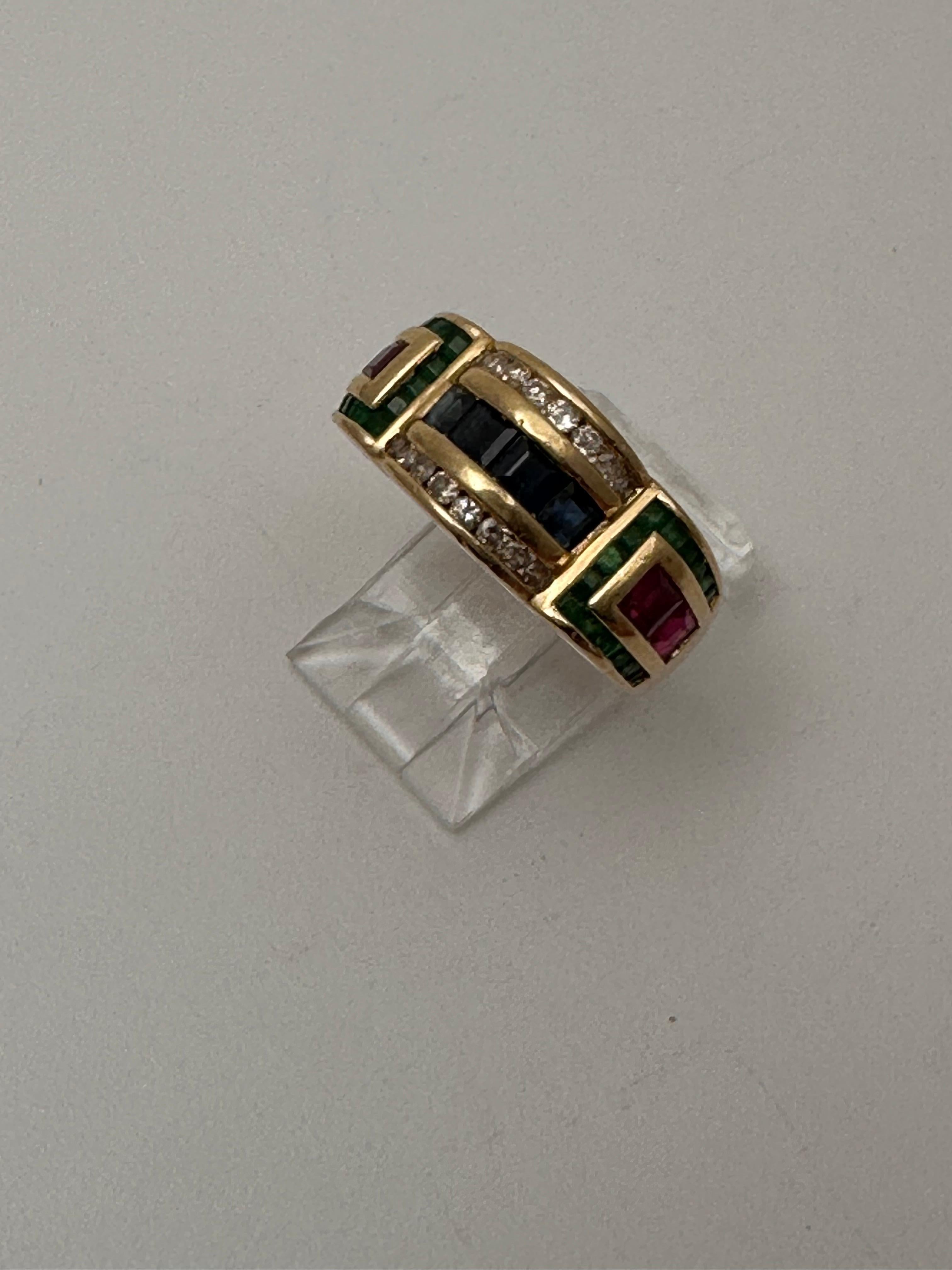 14k Yellow Gold 9 mm Wide Ruby Sapphire Diamond and Emerald Ring Size 7. Colored stones are princess cut and round diamonds.
RUBY
This vibrant, gem-like baby name is often associated with wealth, health, passion, and success in love, and derives