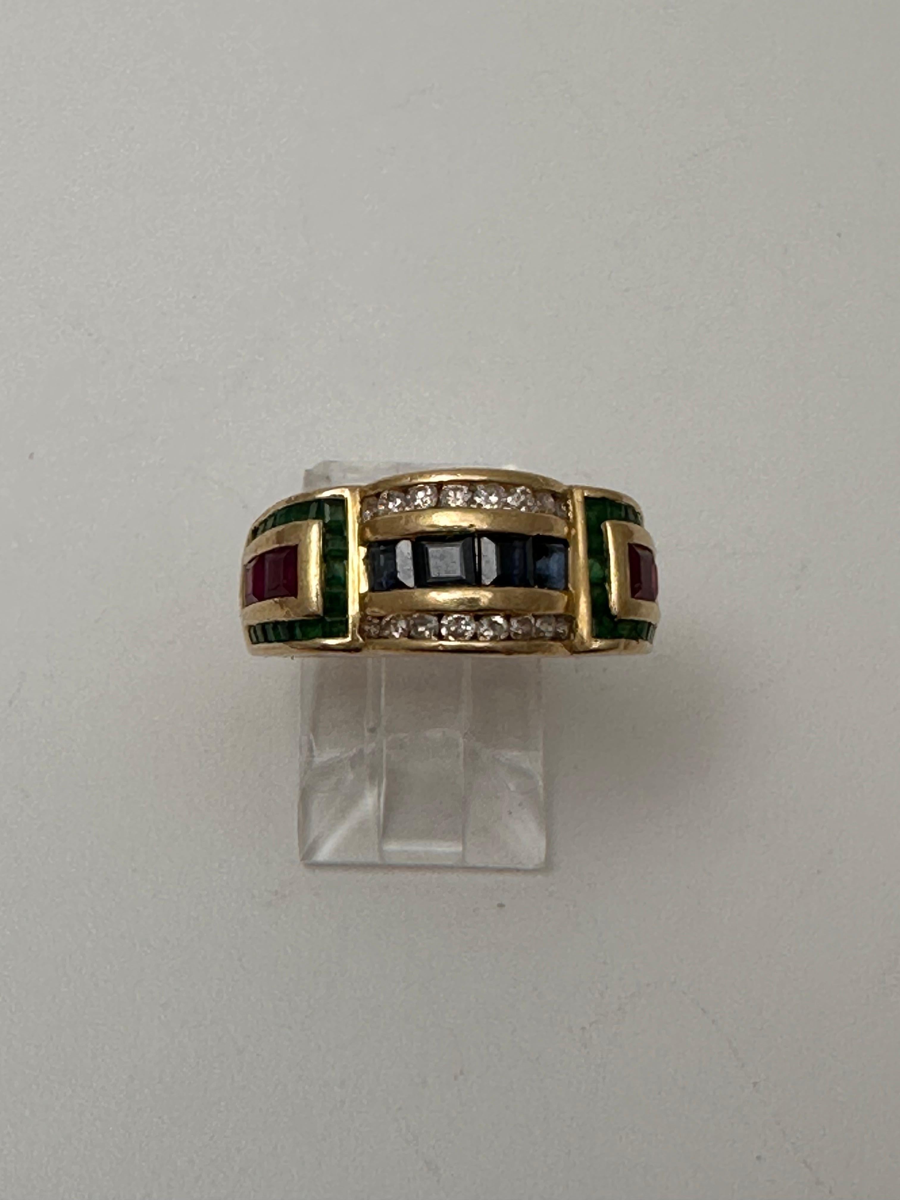 Emerald Cut 14k Yellow Gold 9mm Wide Ruby Sapphire Diamond Emerald Ring Size 7 For Sale