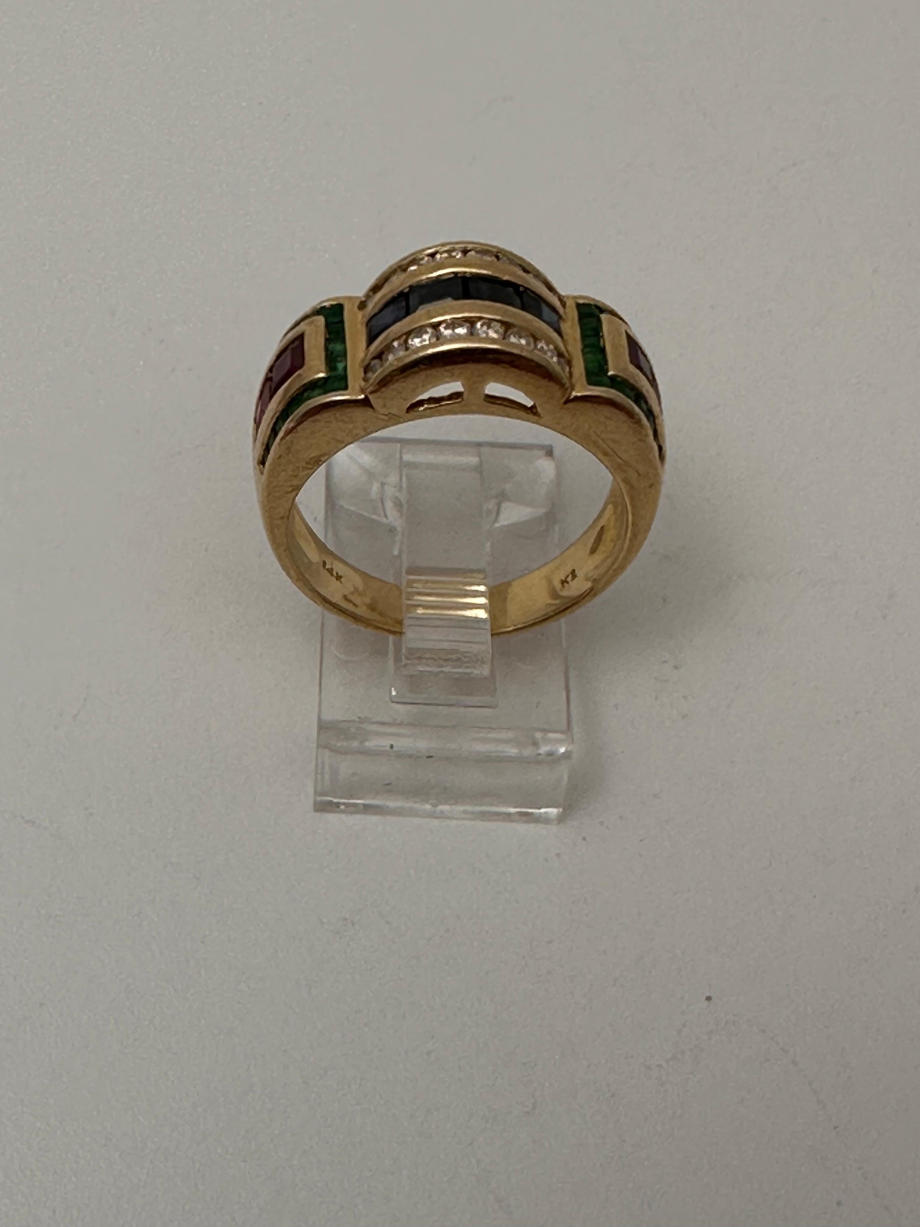 14k Yellow Gold 9mm Wide Ruby Sapphire Diamond Emerald Ring Size 7 In New Condition For Sale In Las Vegas, NV