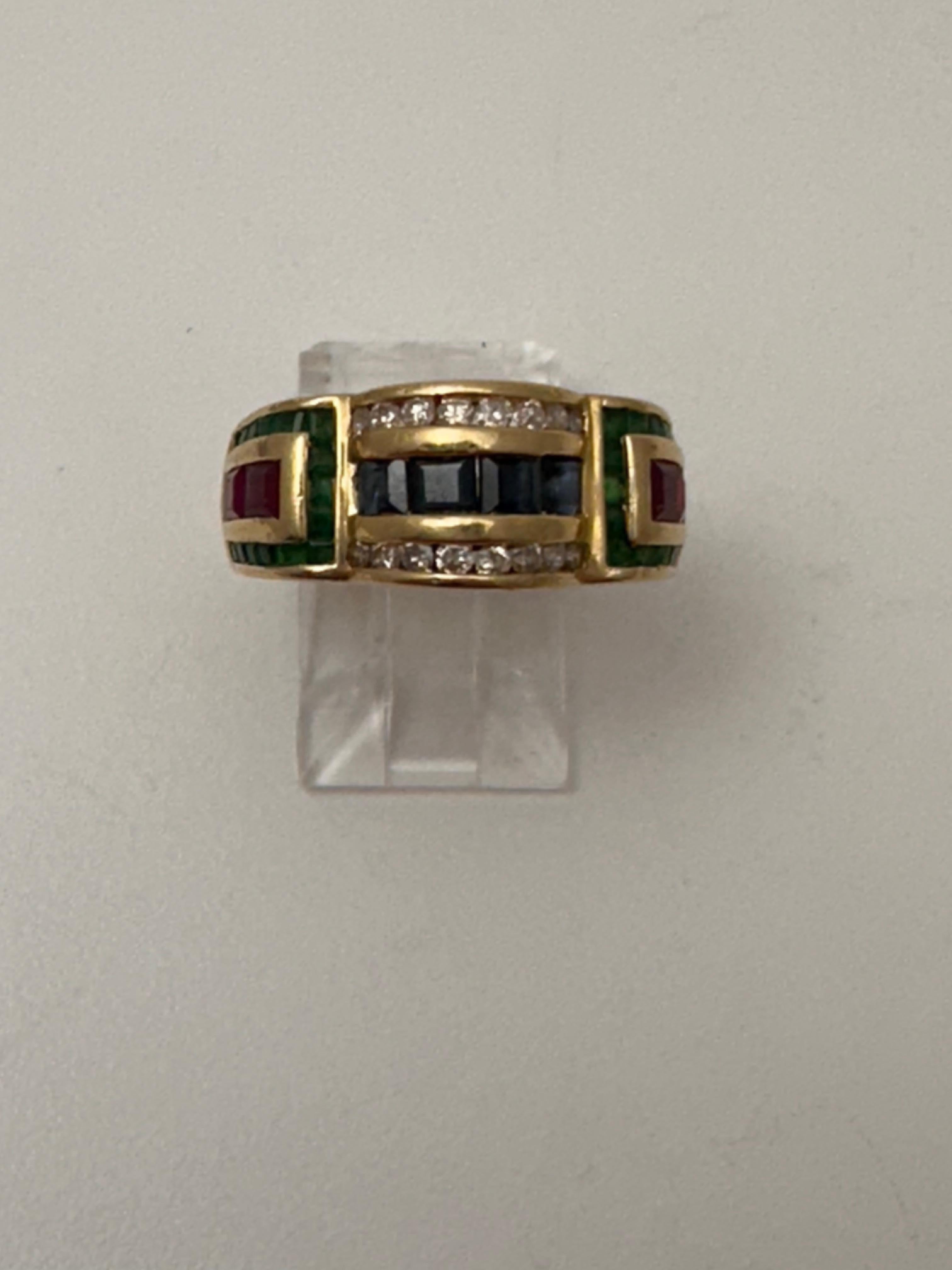 Women's 14k Yellow Gold 9mm Wide Ruby Sapphire Diamond Emerald Ring Size 7 For Sale