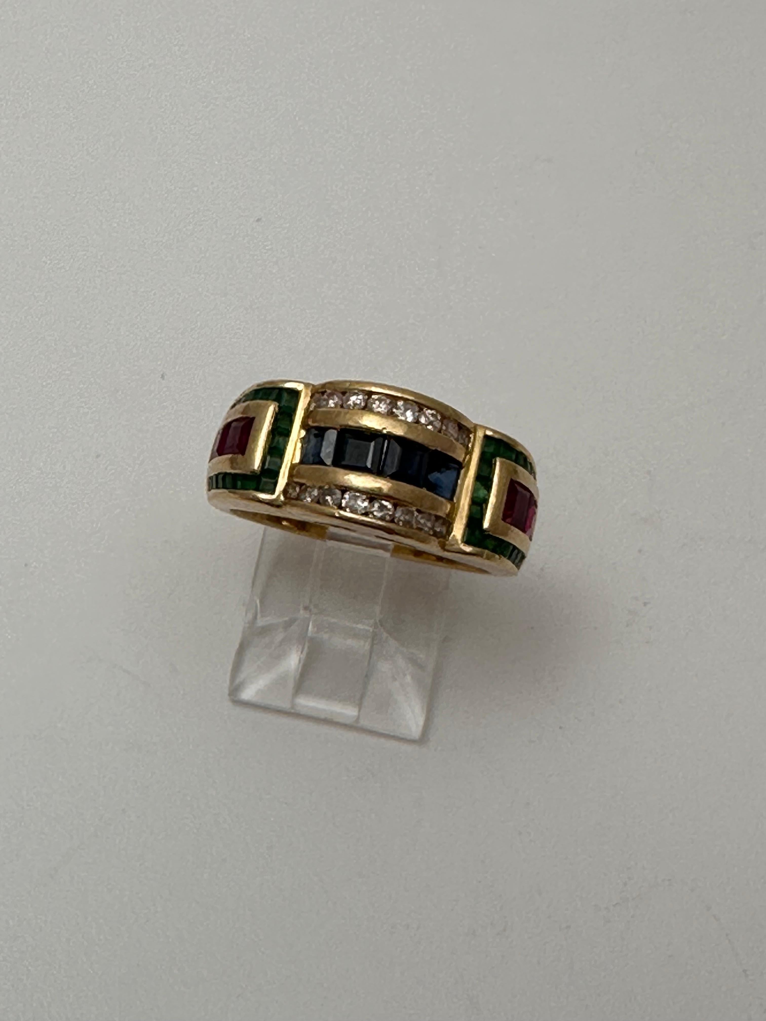 14k Yellow Gold 9mm Wide Ruby Sapphire Diamond Emerald Ring Size 7 For Sale 3