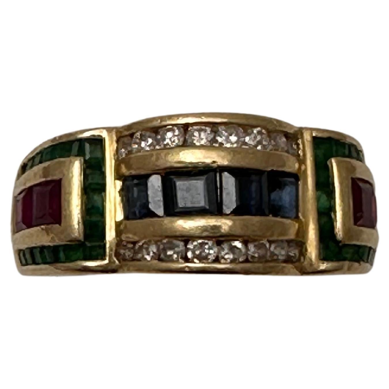 14k Yellow Gold 9mm Wide Ruby Sapphire Diamond Emerald Ring Size 7 For Sale