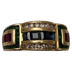 Bague en or jaune 14k 9mm Rubis Saphir Diamant Emeraude Taille 7