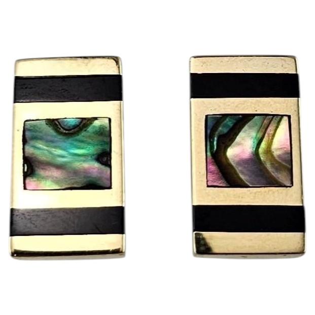 14K Yellow Gold Abalone and Onyx Earrings #25155 For Sale
