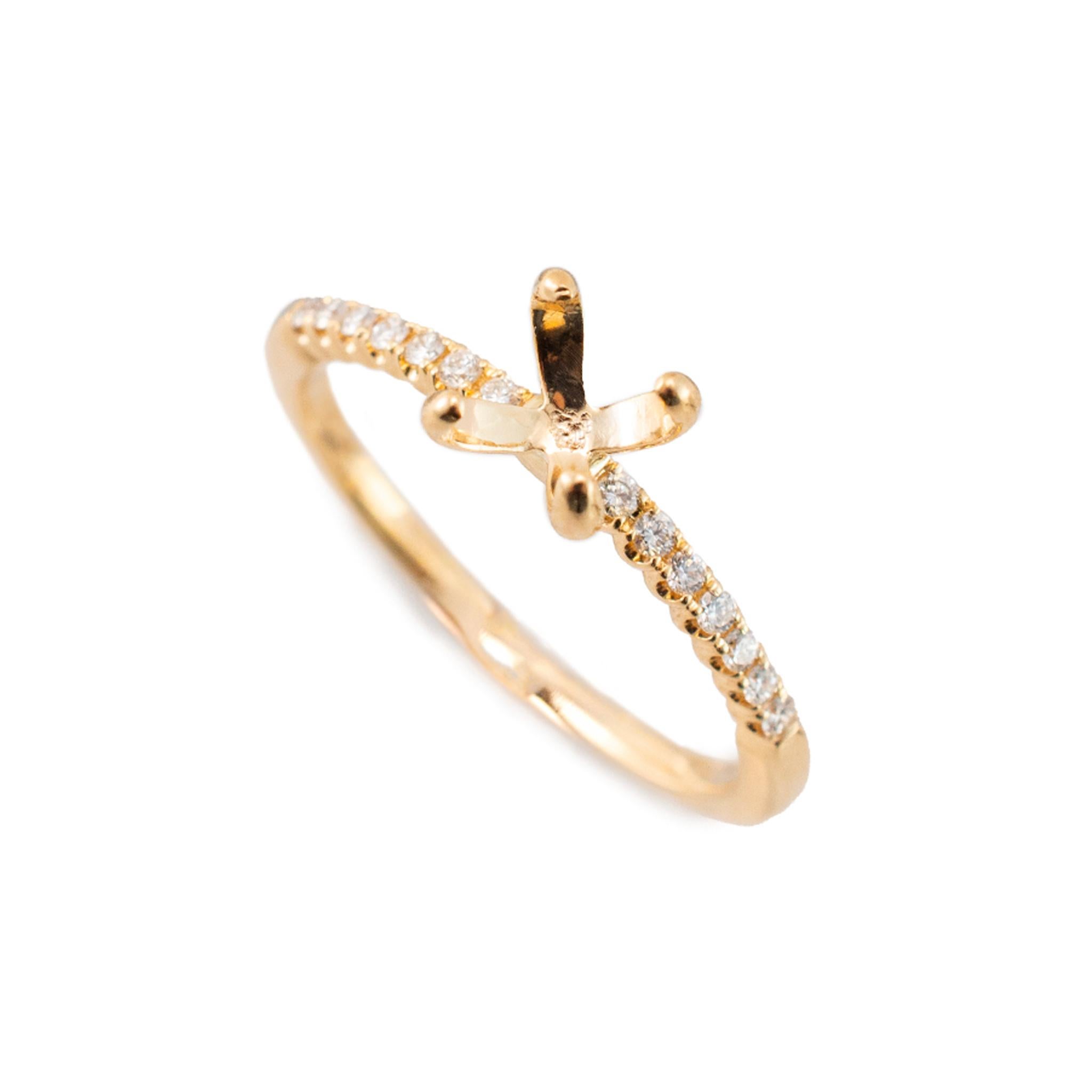 Gender: Ladies

Metal Type: 14K Yellow Gold

Ring Size: 8

Shank Maximum Width: 1.75 mm

Weight: 2.39 grams

One ladies 14K yellow gold diamond solitaire engagement semi-mount accented ring with a half-round shank. The metal was tested and