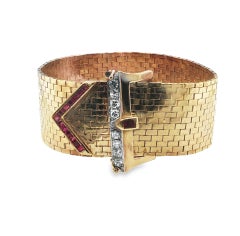 14k Yellow Gold Adjustable "Buckle" Bracelet with Diamond and Rubies, Vintage