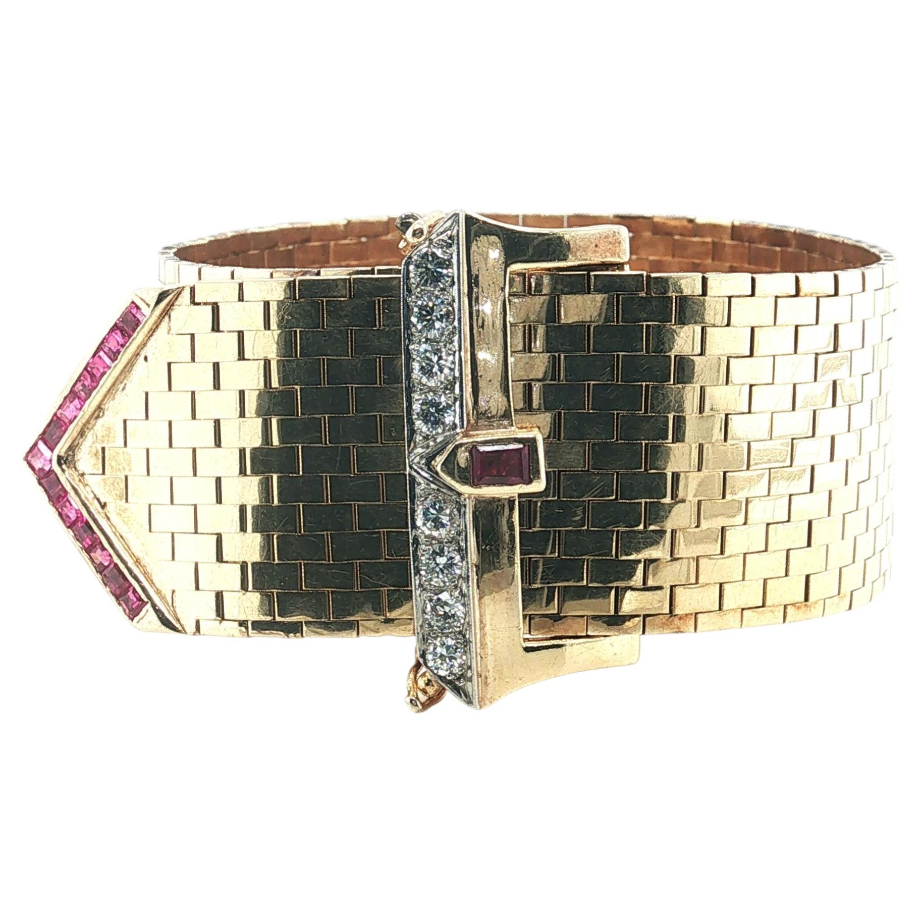 14k Yellow Gold Adjustable "Buckle" Bracelet with Diamond and Rubies, Vintage