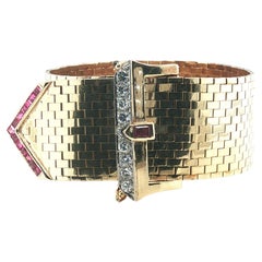 14k Yellow Gold Adjustable "Buckle" Bracelet with Diamond and Rubies, Vintage