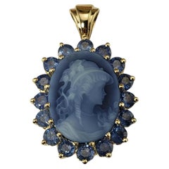 14K Yellow Gold Agate and Sapphire Cameo Pendant  #16653