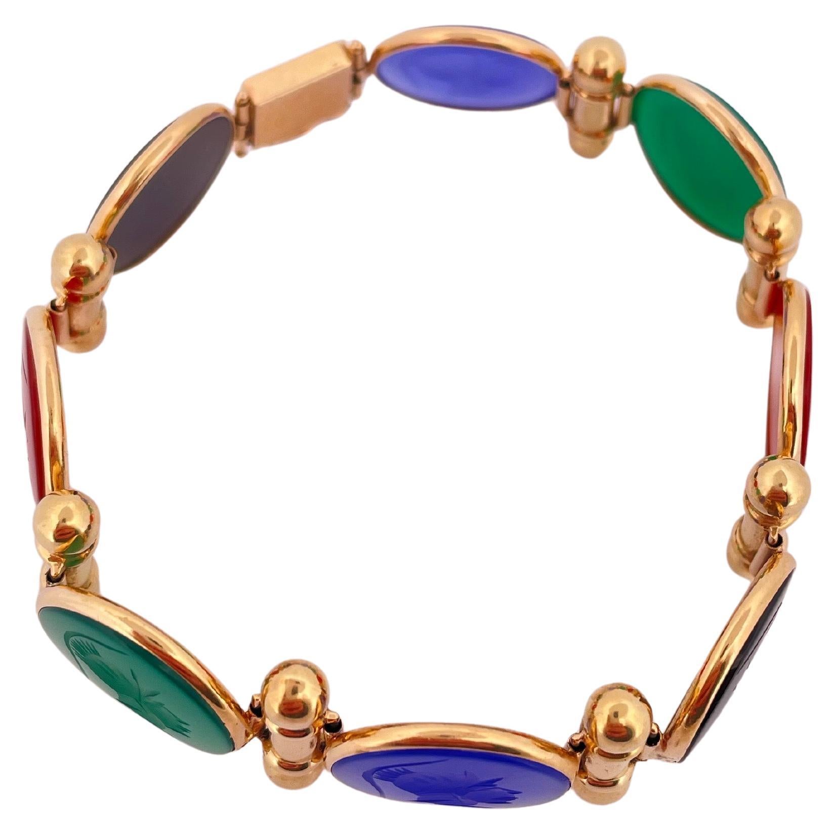 Rétro Bracelet camée en or jaune 14k Agate et Onyx en vente