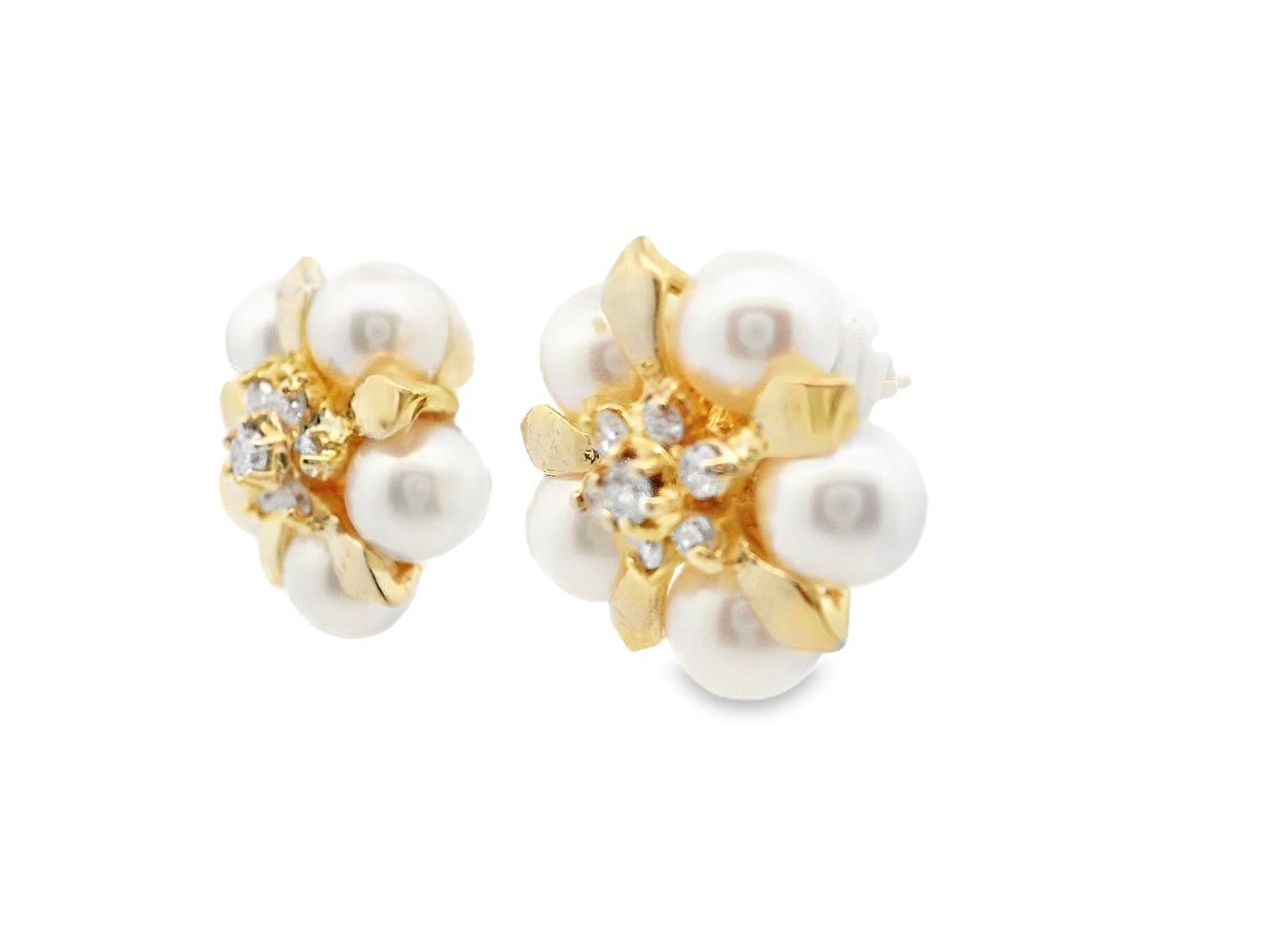 Round Cut 14k Yellow Gold Akoya Pearl and Diamond Earrings For Sale