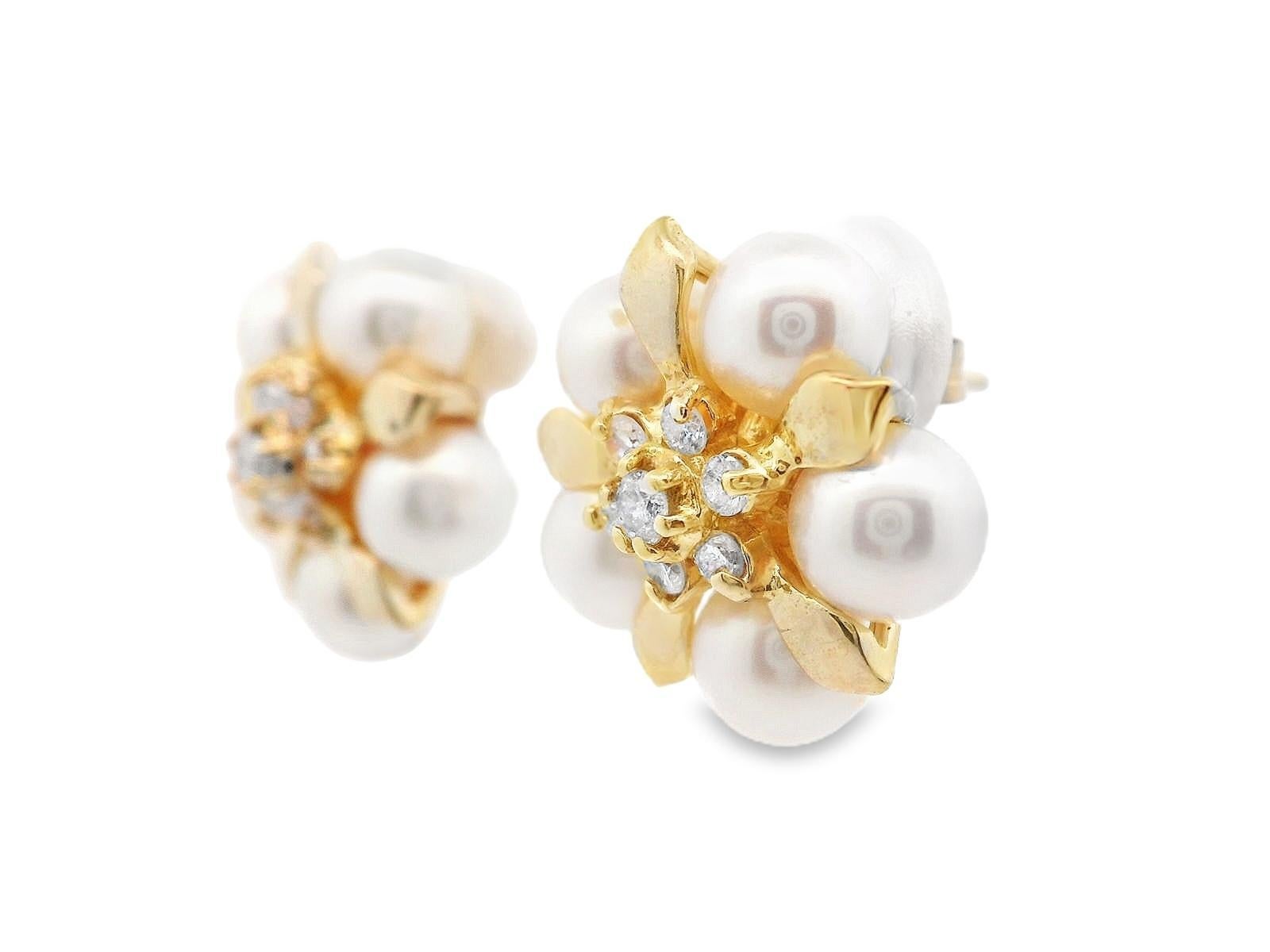 Women's or Men's 14k Yellow Gold Akoya Pearl and Diamond Earrings For Sale