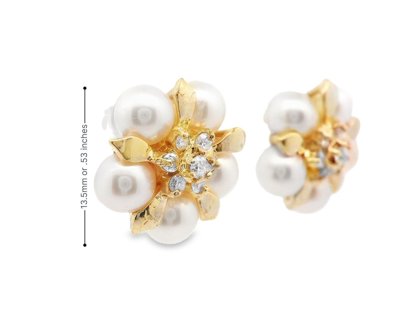 14k Yellow Gold Akoya Pearl and Diamond Earrings For Sale 1