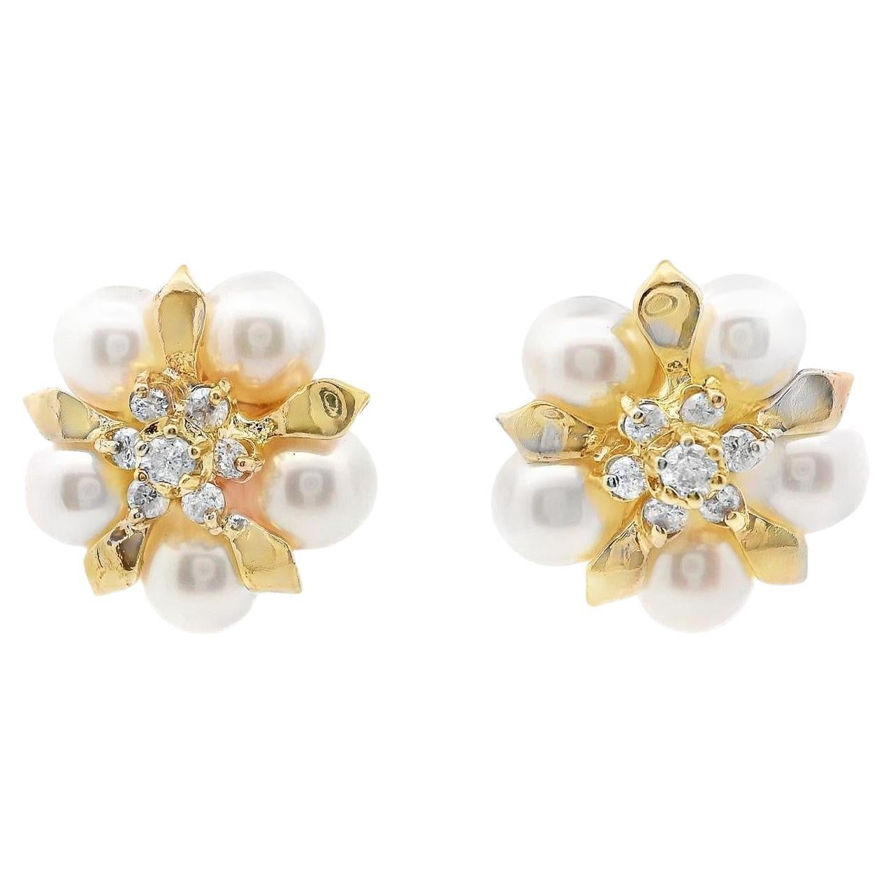 14k Yellow Gold Akoya Pearl and Diamond Earrings For Sale