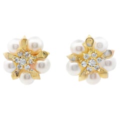 14k Yellow Gold Akoya Pearl and Diamond Earrings