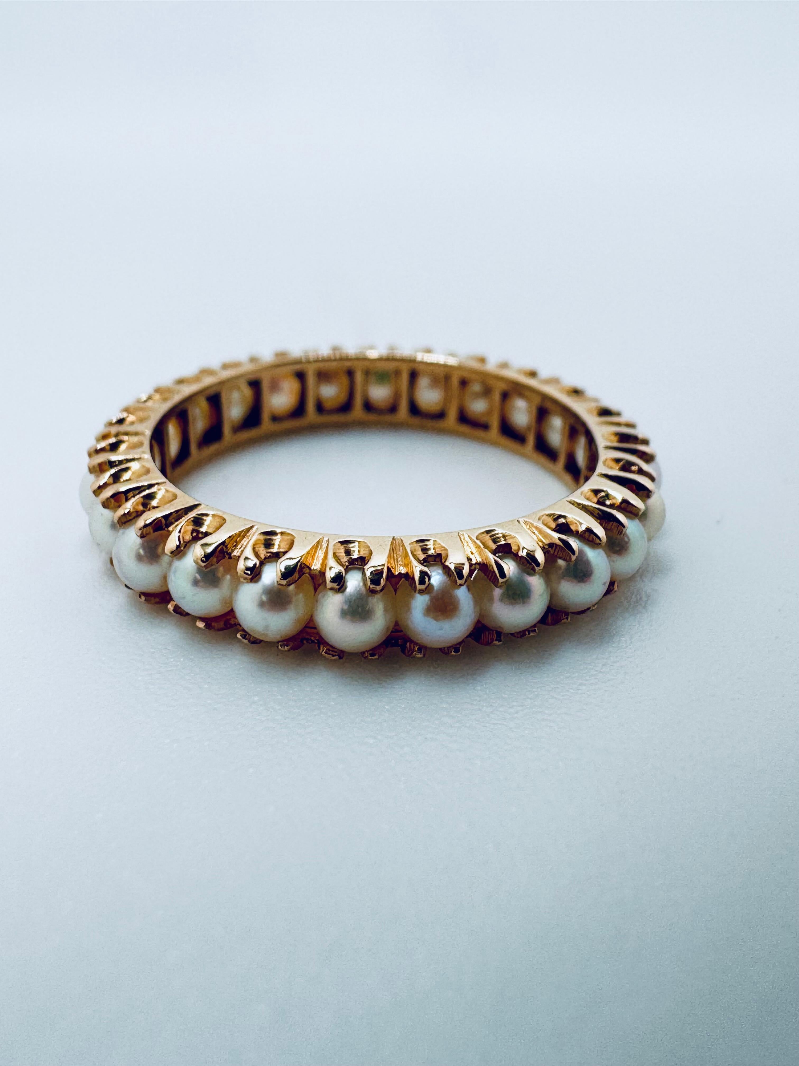 Art déco Bague en or jaune 14K avec perles d'Akoya - 24 perles serties, taille 6 en vente