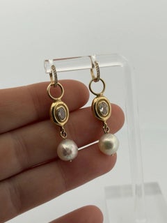 14K Yellow Gold Akoya Pearl, White Topaz & Diamond Dangle Earrings Huggies