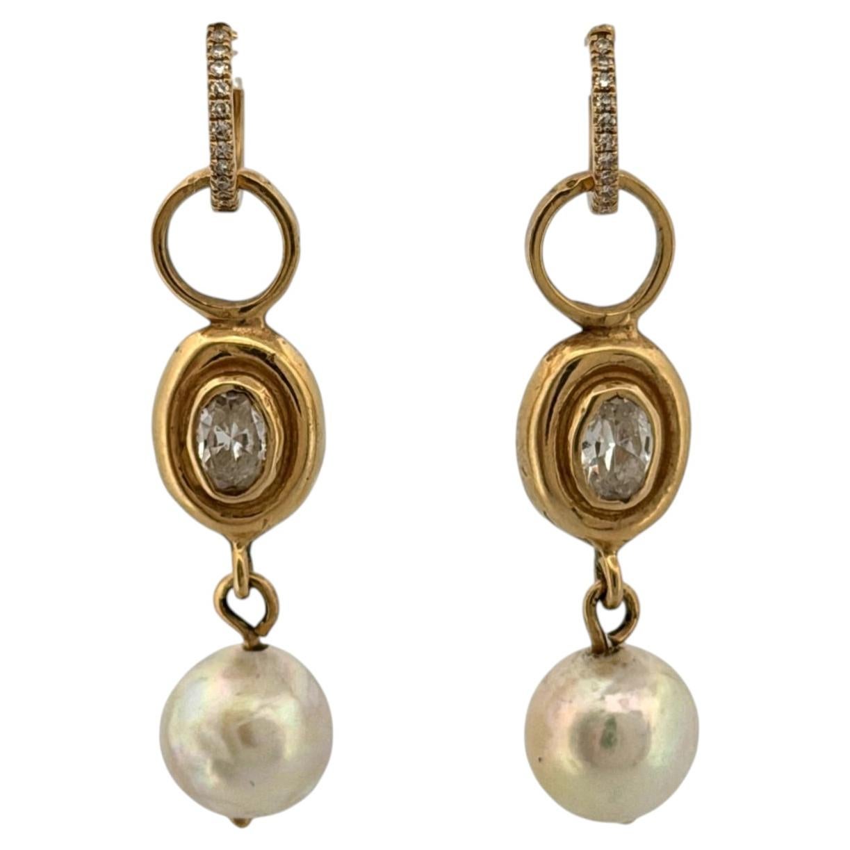 14K Yellow Gold Akoya Pearl, White Topaz & Diamond Dangle Earrings Huggies