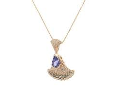 14k Yellow Gold Alexandrite Tanzanite & Diamond Milgrain Flared Fan Pendant