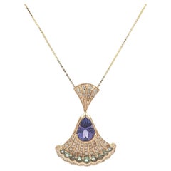 14k Yellow Gold Alexandrite Tanzanite & Diamond Milgrain Flared Fan Pendant