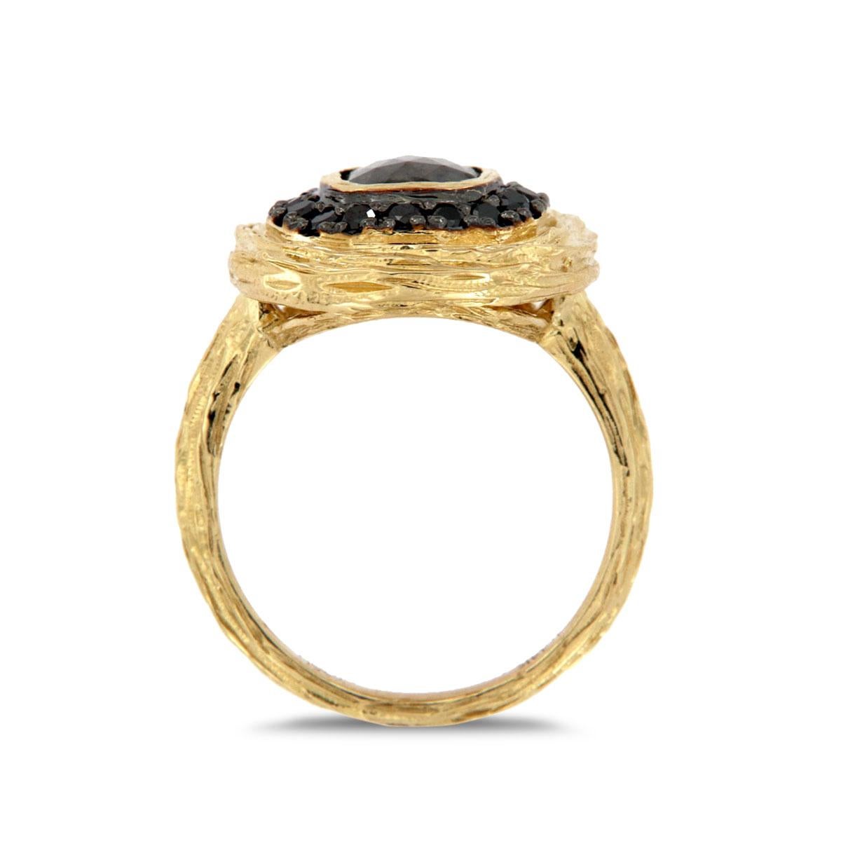 From our exclusive Alpinia collection, we are proud to present this handcrafted One-Of -A-Kind organic design ring. An exotic combination of a Rose cut Salt & Pepper natural diamond, and circle of black colored round cut diamonds Pave' set., The