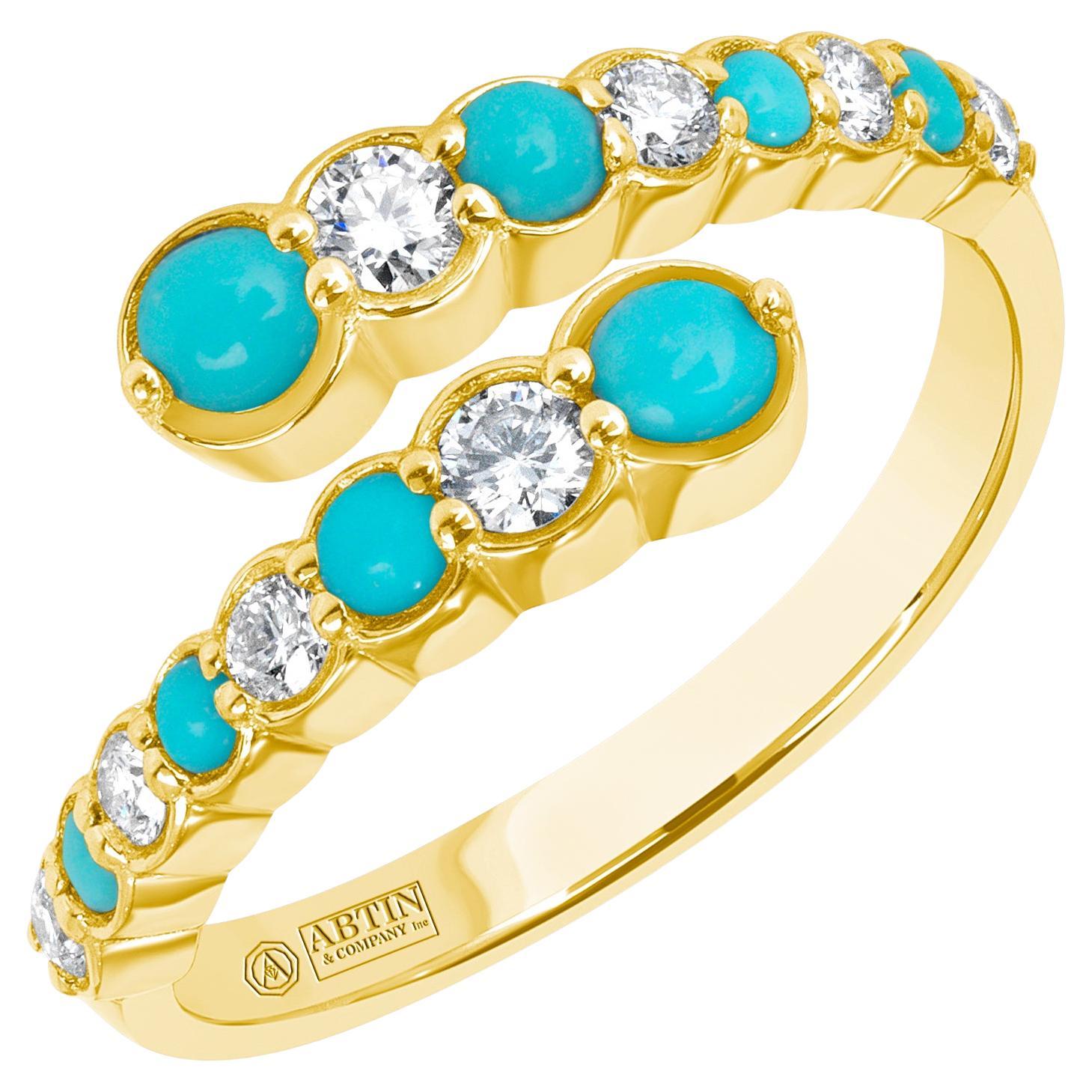Bypass-Ringband aus 14 Karat Gelbgold mit abwechselnd Diamant und türkisfarbener Lünette  im Angebot