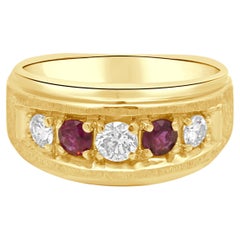 14k Yellow Gold Alternating 5-Stone Round Ruby and Round Diamond Euro Shank Ring