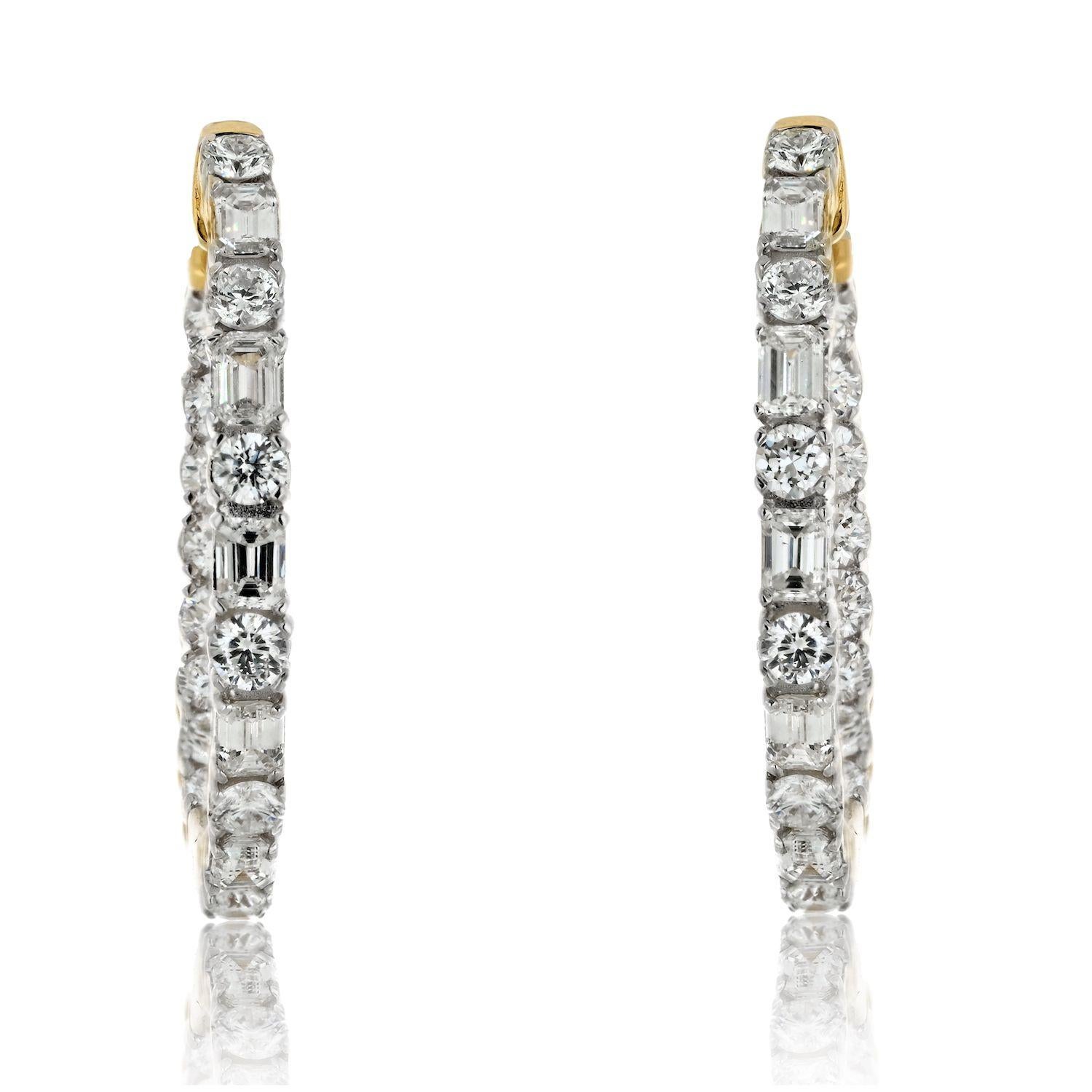 Baguette Cut 14K Yellow Gold Alternating Emerald And Round Cut Diamond Hoop Earrings For Sale