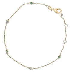 14K Gelbgold Abwechselnd grüner Smaragd und Diamant Station Kette Armband