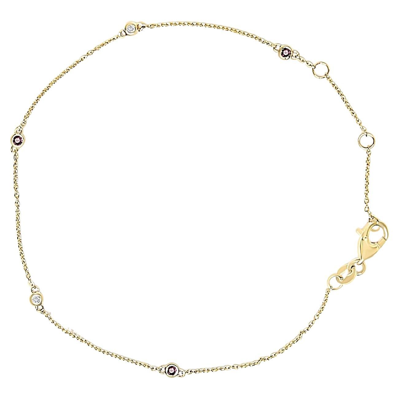 14K Gelbgold Abwechselnd roter Rubin und weißer Diamant Lünette Station Armband