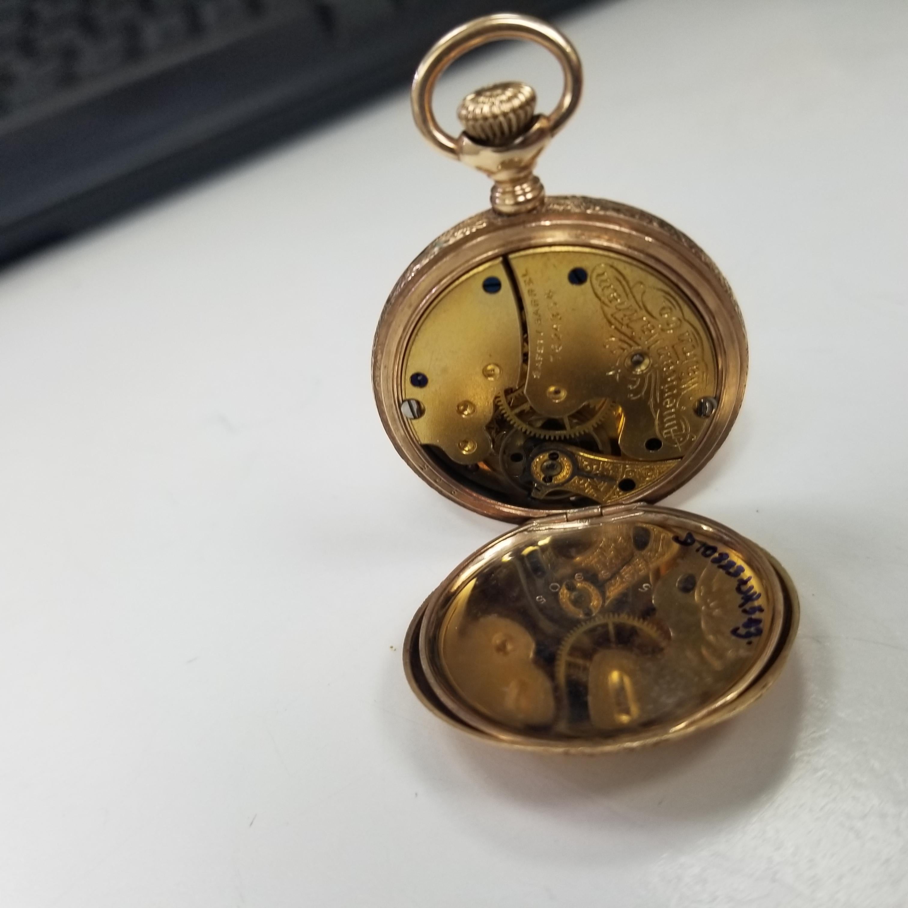 14k Yellow Gold American Waltham Hand Engraved Pocket Watch with White Dial In Excellent Condition In Los Angeles, CA