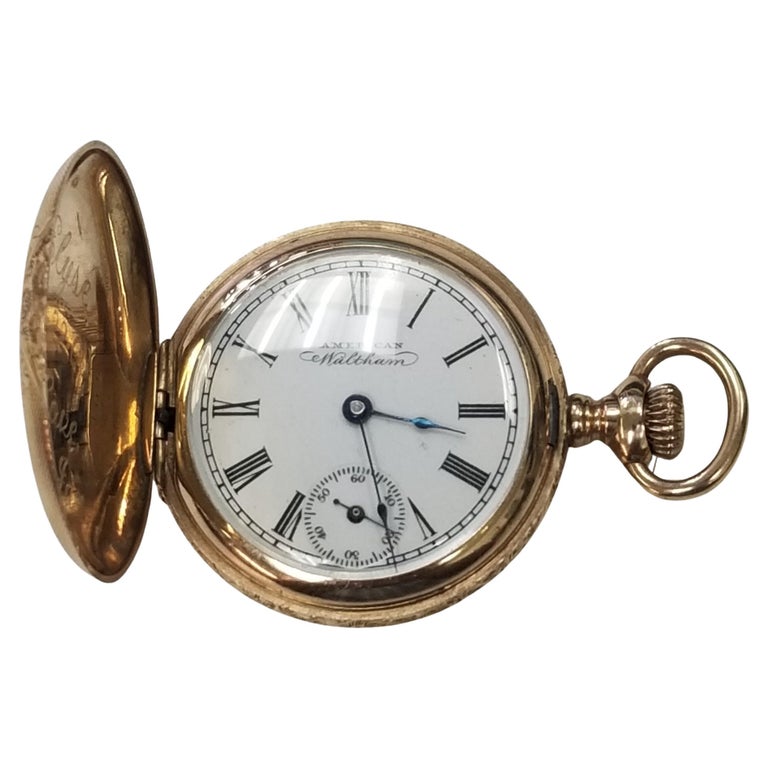 14k Yellow Gold American Waltham Hand Engraved Pocket Watch with White