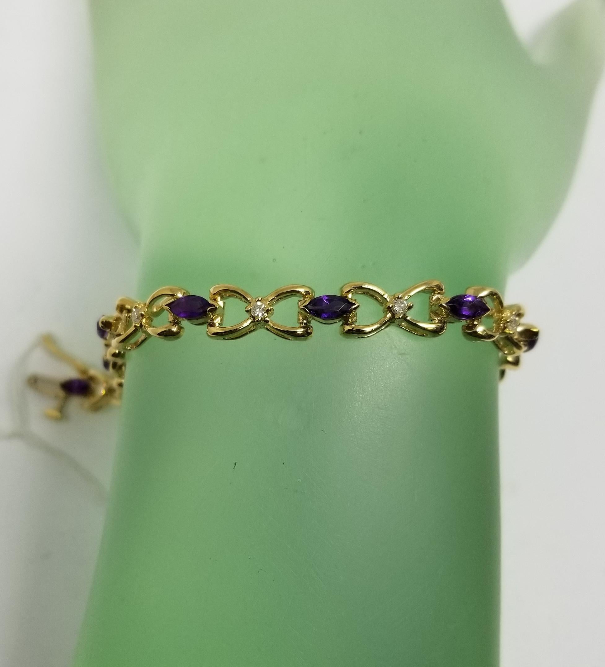 Contemporary 14 Karat Yellow Gold Amethyst and Diamond Bracelet For Sale