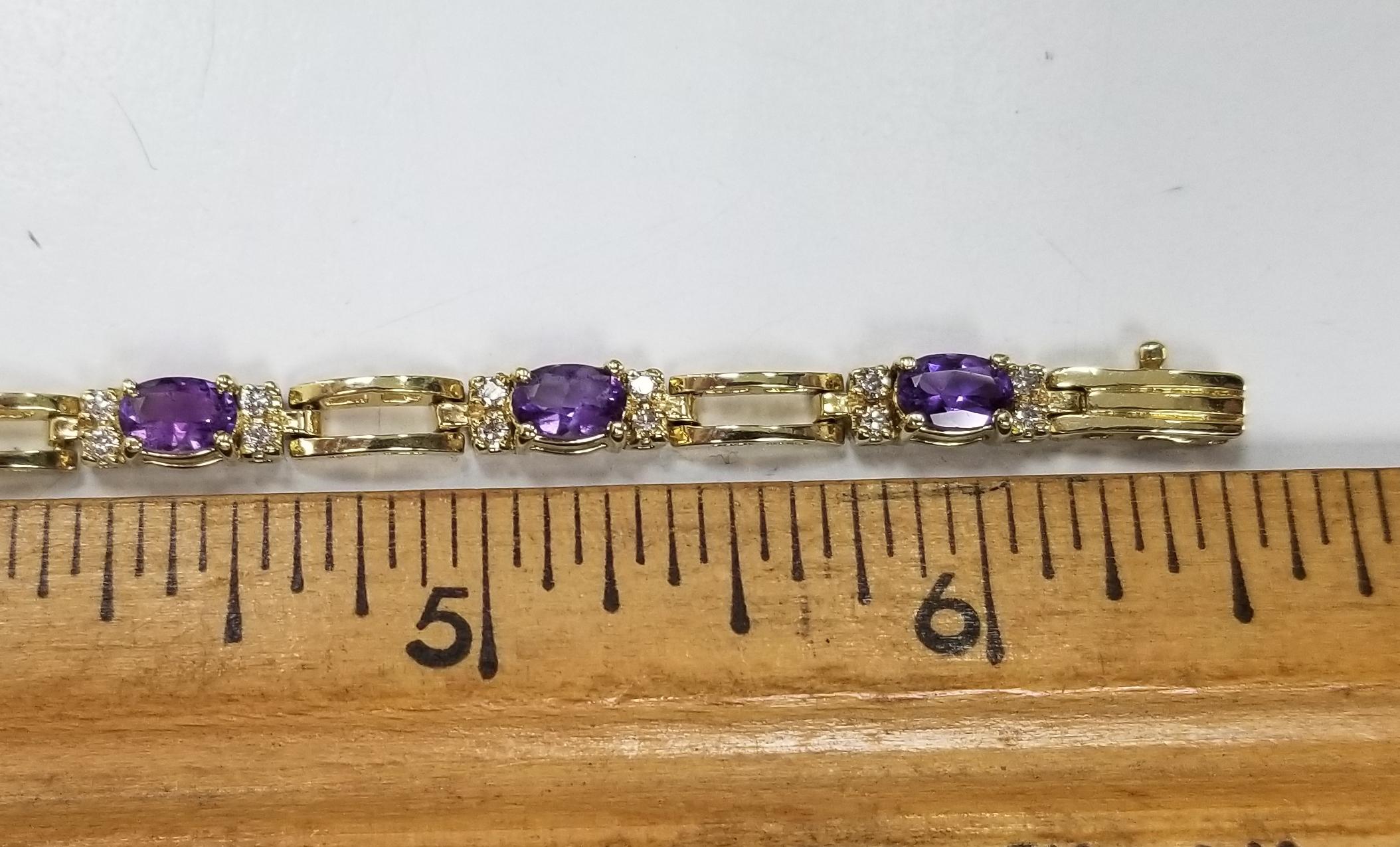 Women's or Men's 14 Karat Yellow Gold Amethyst and Diamond Bracelet For Sale
