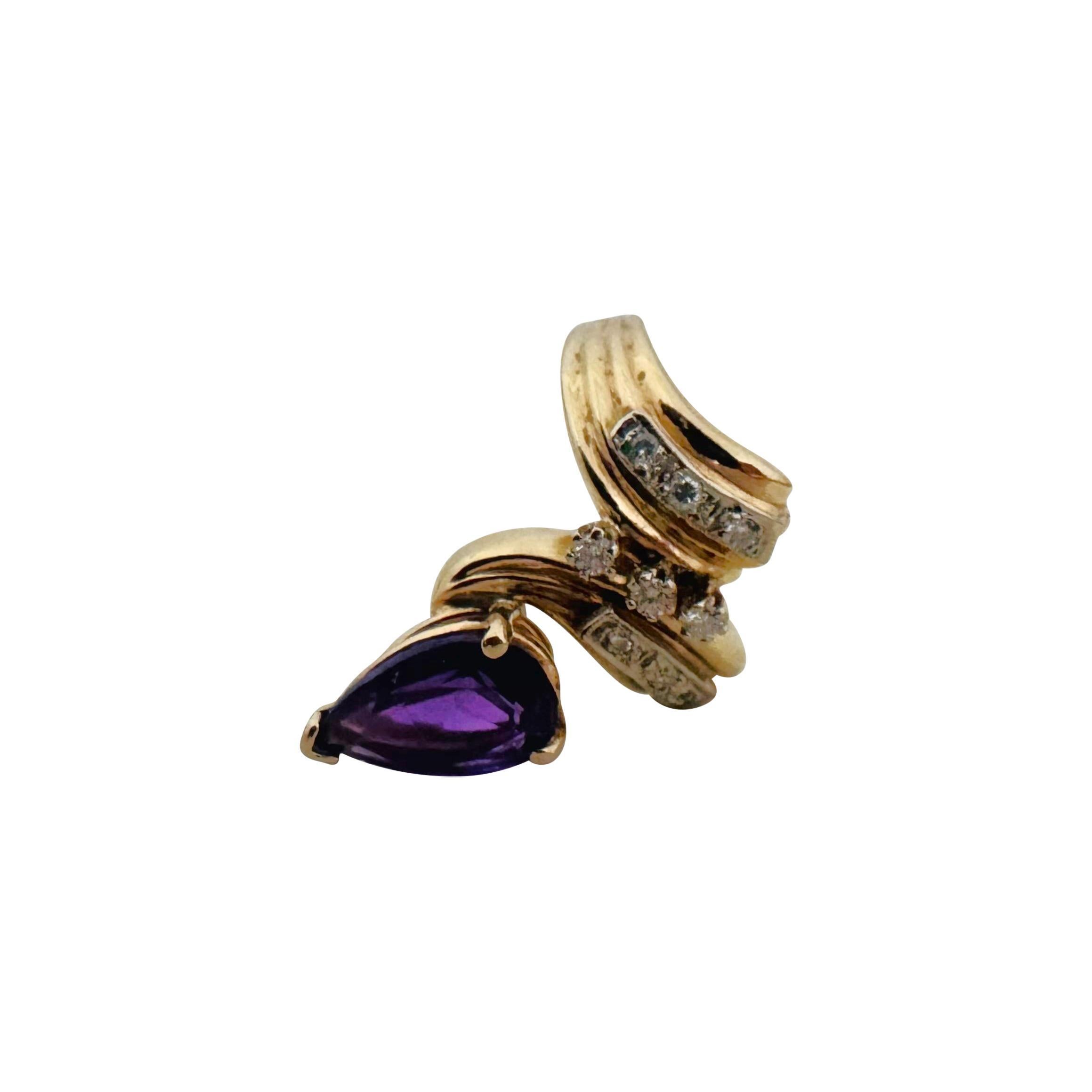 Pear Cut 14k Yellow Gold Amethyst and Diamond Fancy Large Ring Size 8.5