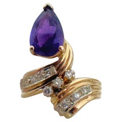 14k Yellow Gold Amethyst and Diamond Fancy Large Ring Size 8.5