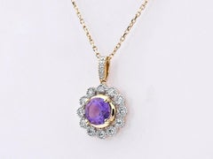 14K Yellow Gold Amethyst and Diamond Flower Halo Pendant Necklace