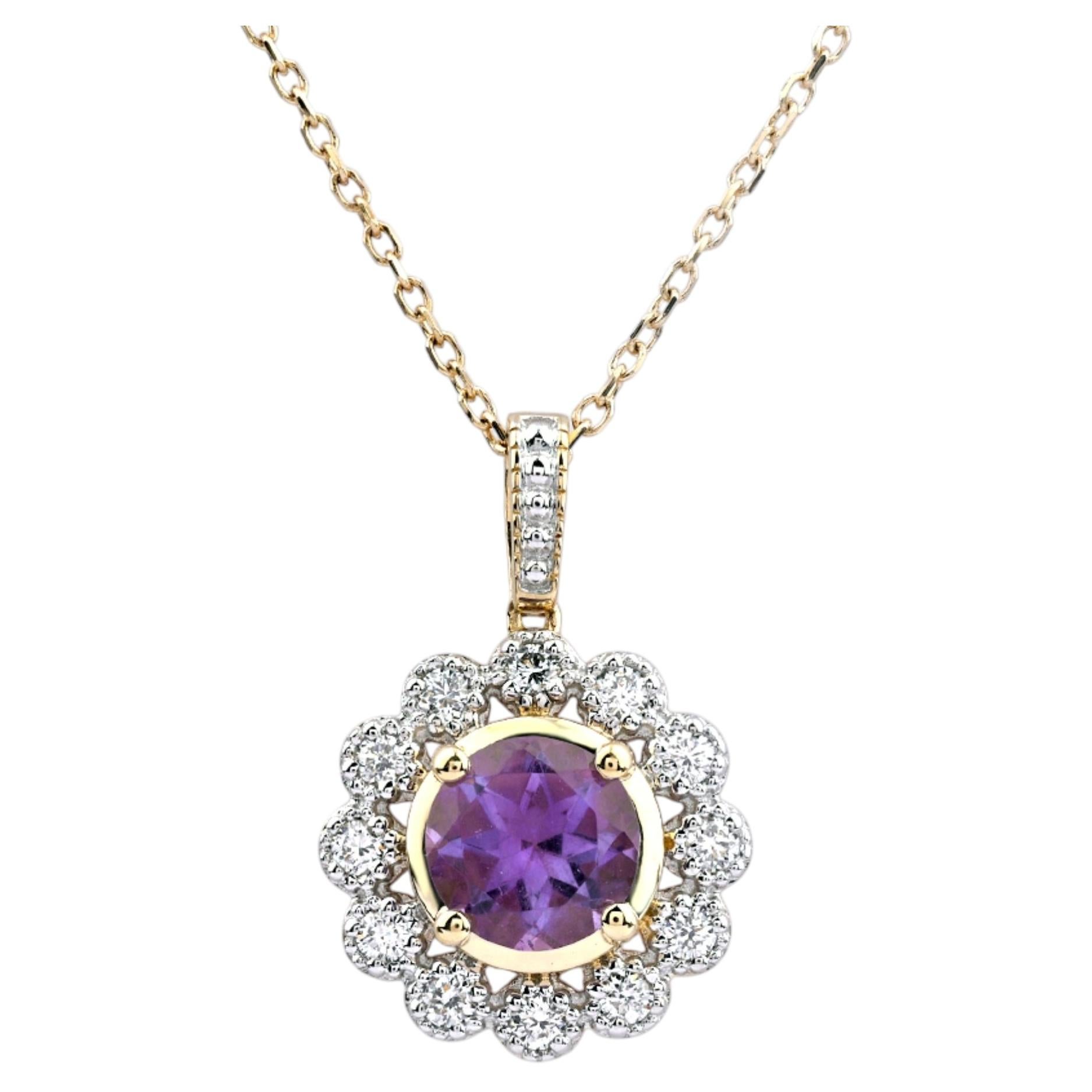 14K Yellow Gold Amethyst and Diamond Flower Halo Pendant Necklace For Sale