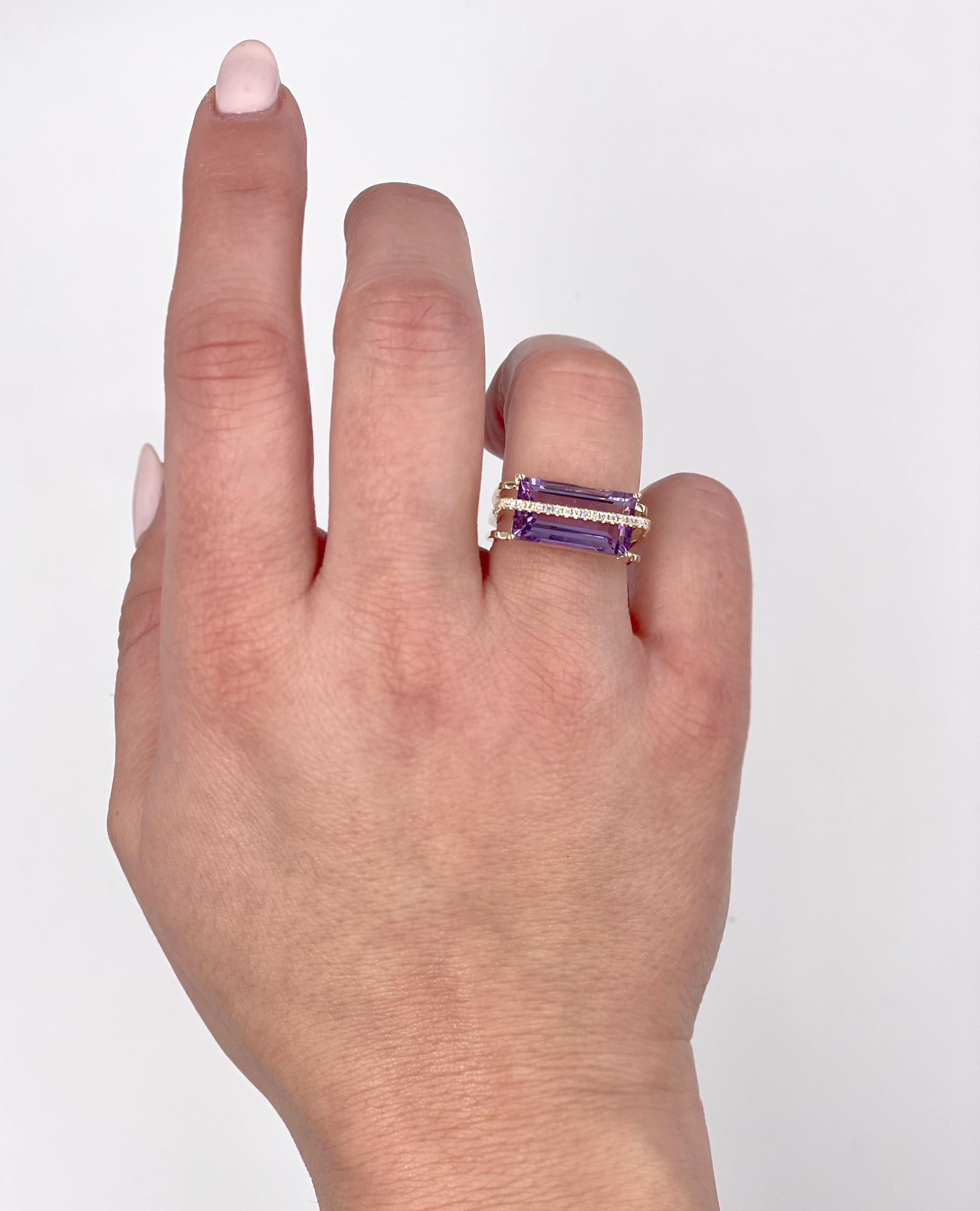 Geometrischer Ring aus 14 Karat Gelbgold mit Amethyst und Diamant Damen