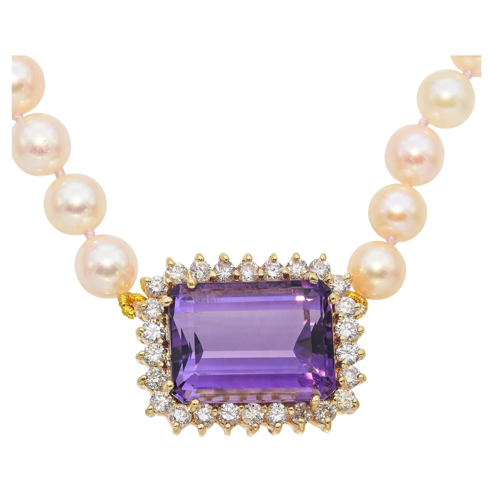 14k Gelbgold Amethyst und Diamant Perlenstrang-Halskette