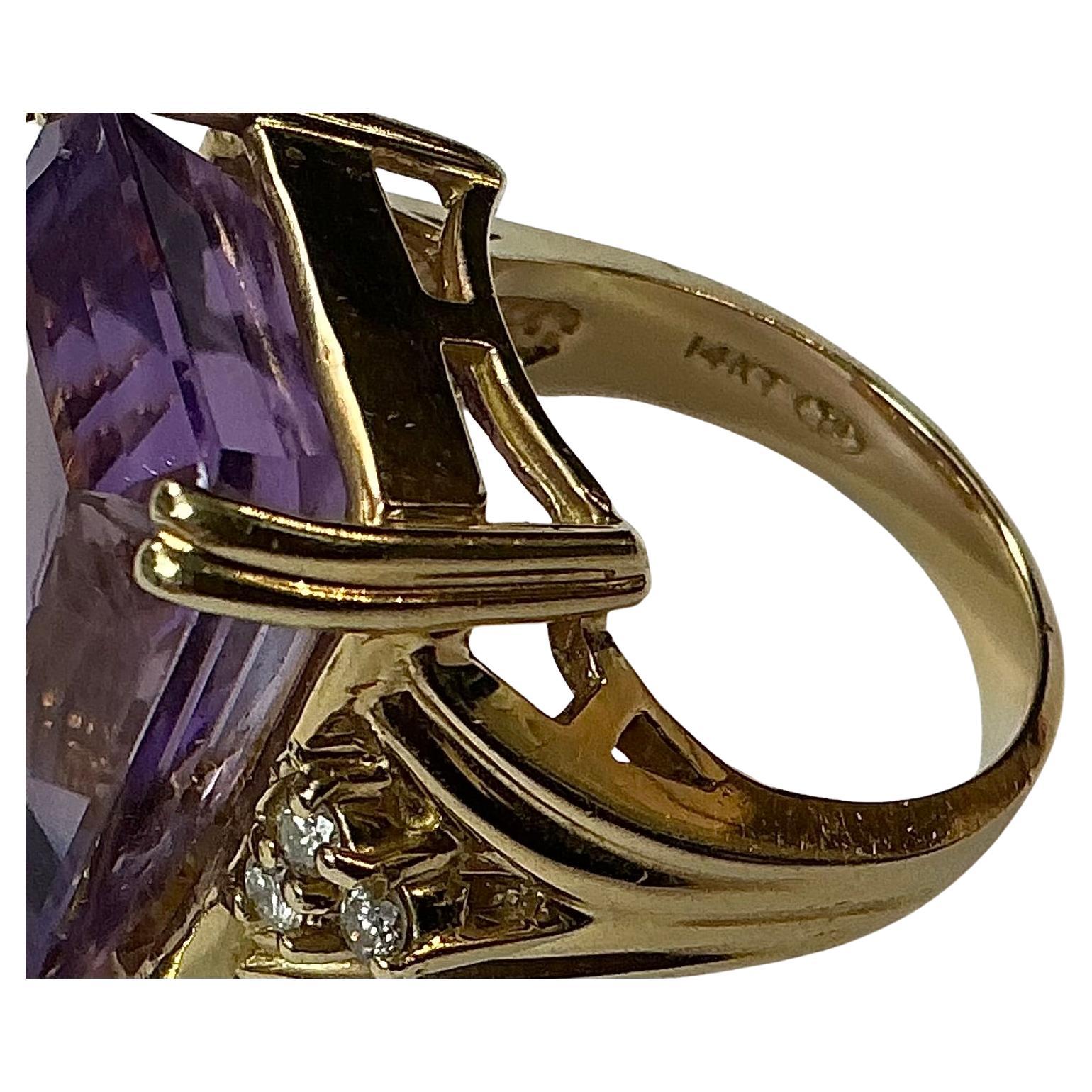 Square Cut 14k Yellow Gold Amethyst and Diamond Ring For Sale