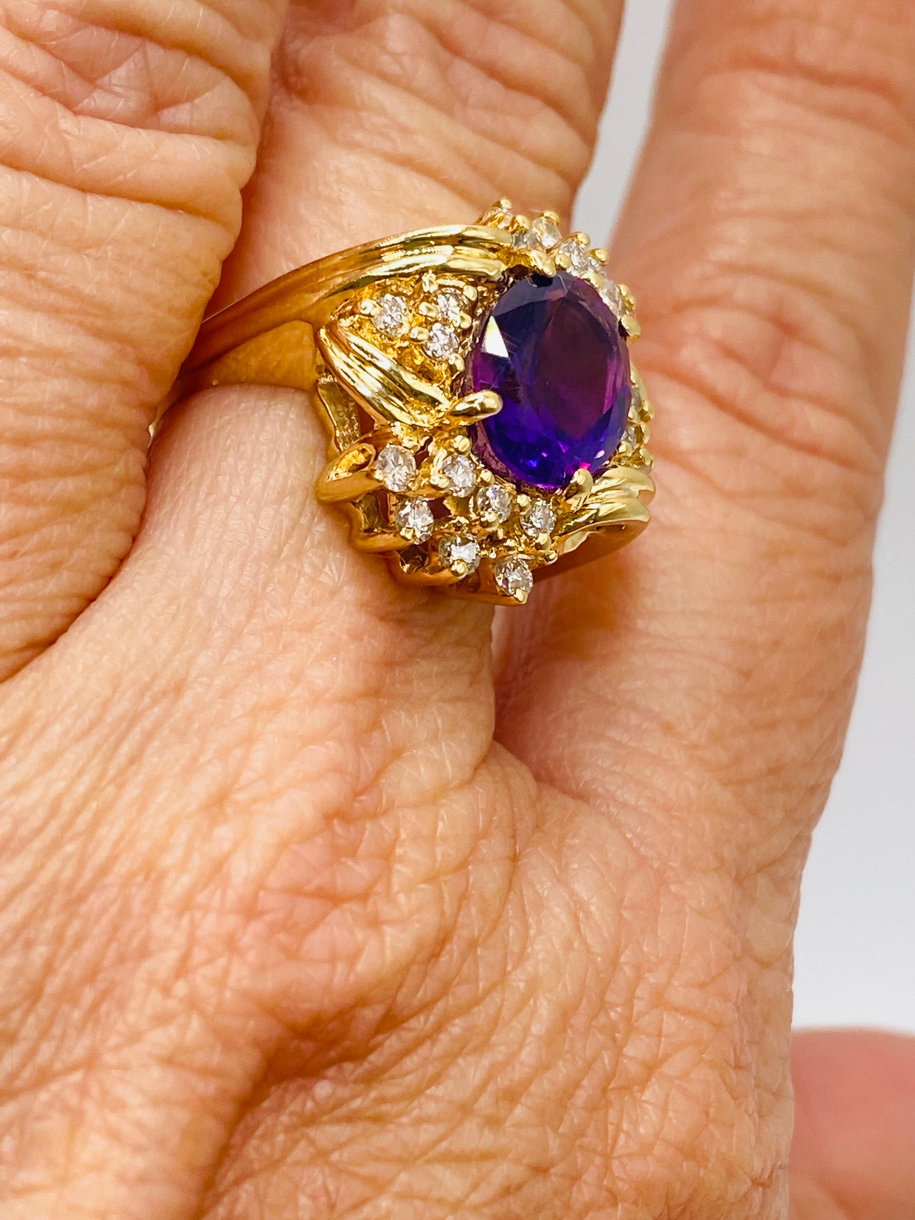 Oval Cut Oval Amethyst and Diamond Yellow Gold Ring