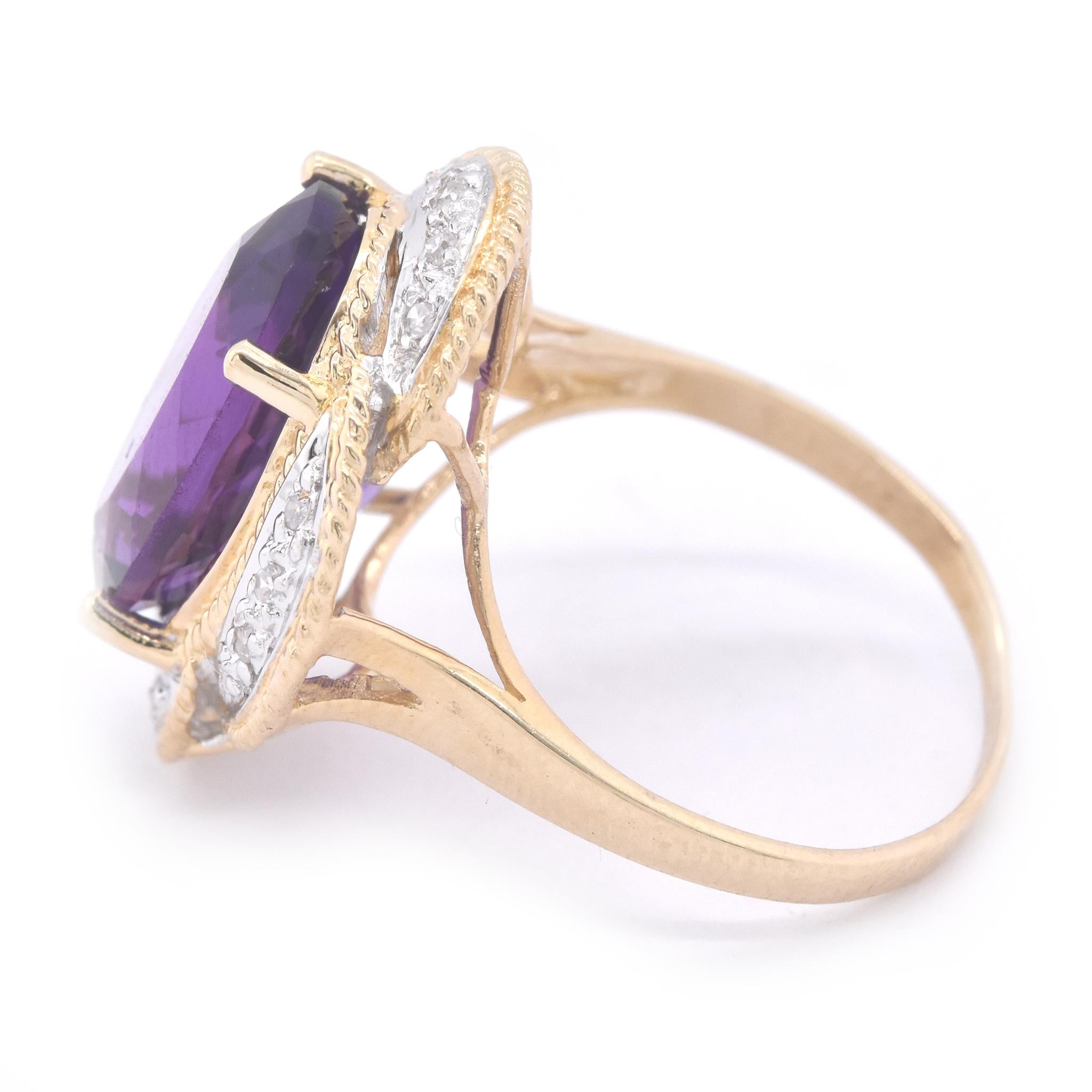 Round Cut 14 Karat Yellow Gold Amethyst and Diamond Ring For Sale